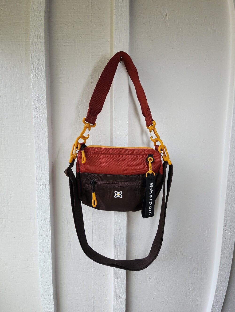 Sherpani Two-Tone Mini Crossbody Cider Rust & Chocolate with Yellow Accents